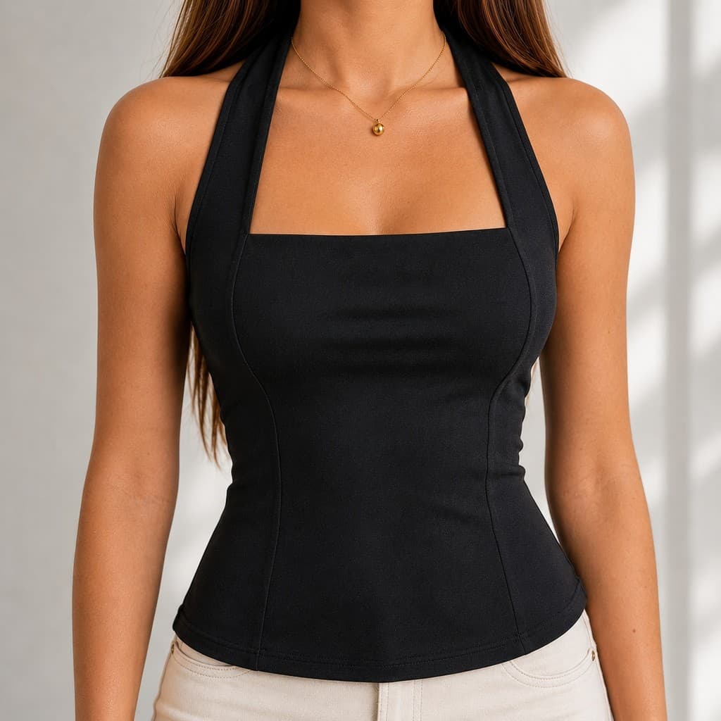 Blusa Antonela FemininaTop Halter Casual Verão Frente Única Alta Compressão e Sustentação Tecido Sumerplex  Costa Nua