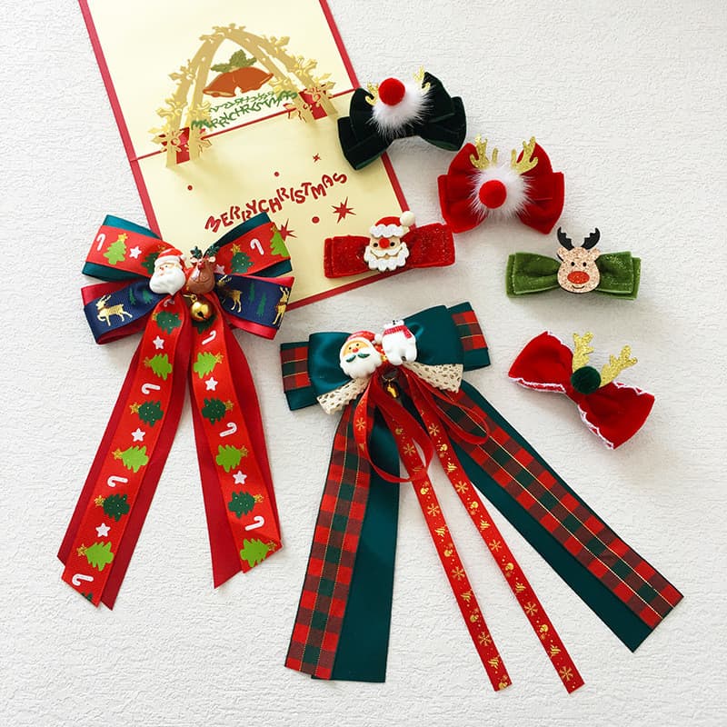 Presilha de cabelo de Natal com laço de tecido, tiara fofa com pequenos pom-poms e chifres, com fitas e sinos, presilha