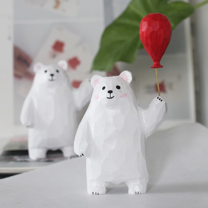 [Estoque pronto] Presentes típicos feitos à mão Escultura em madeira Pequeno urso branco Decoração de balão Decoração de
