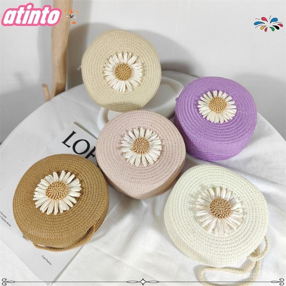 Bolsa De Palha Redonda ATINTO , Mini Praia De Ombro Com Decoração Floral , Crossbody Feminina Leve