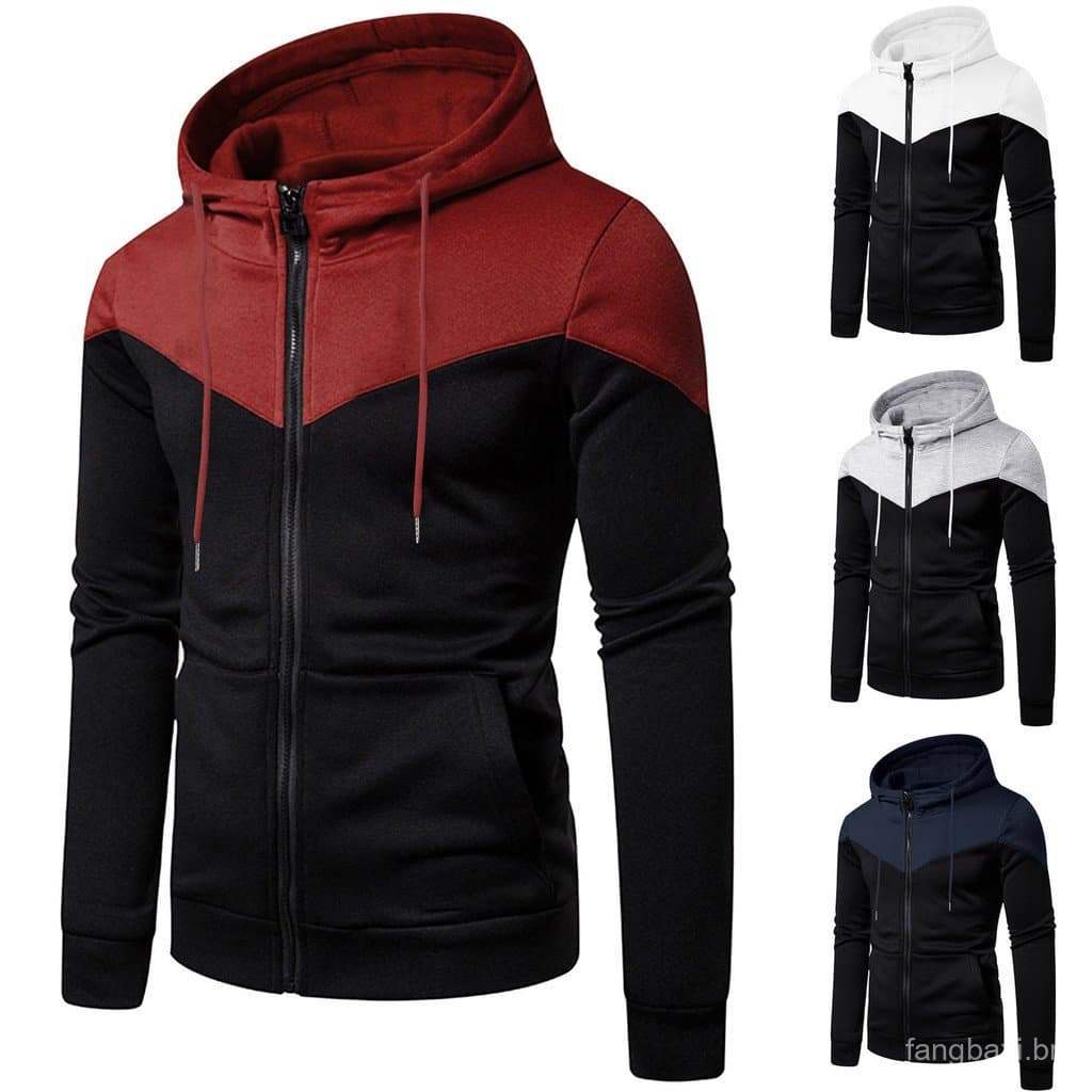 Fabricante Cross-Border contraste cor zíper jaqueta masculina fino ajuste com capuz moletom masculino