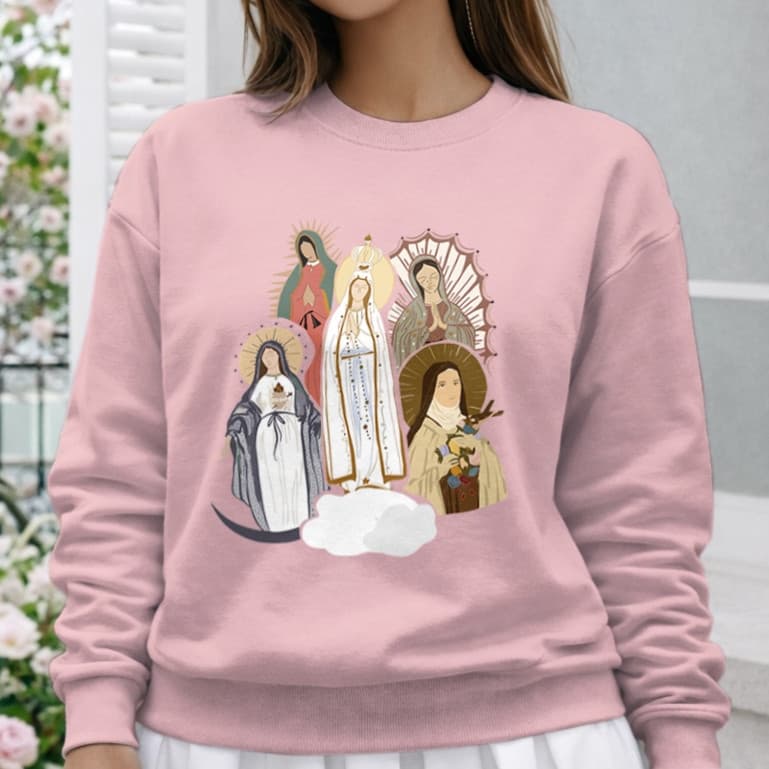 Moletom Gola Careca Com Ombros Caídos E Estampa de Santas Religiosa Católica