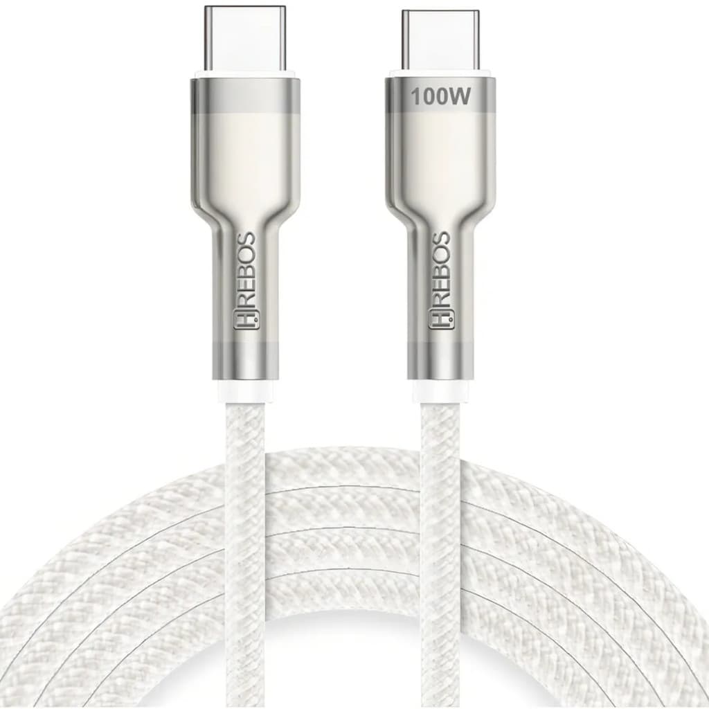 Cabo USB C para USB C 100W Turbo Metal Waves 2 Metros Branco Hrebos CB 352C