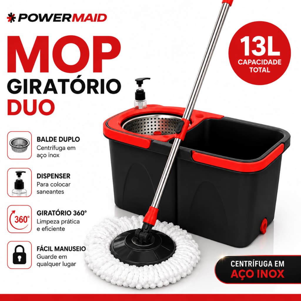 Mop Giratório Duo 360 Balde Duplo Centrífuga Inox 13L Esfregão Microfibra Powermaid Cabo 130cm Duo