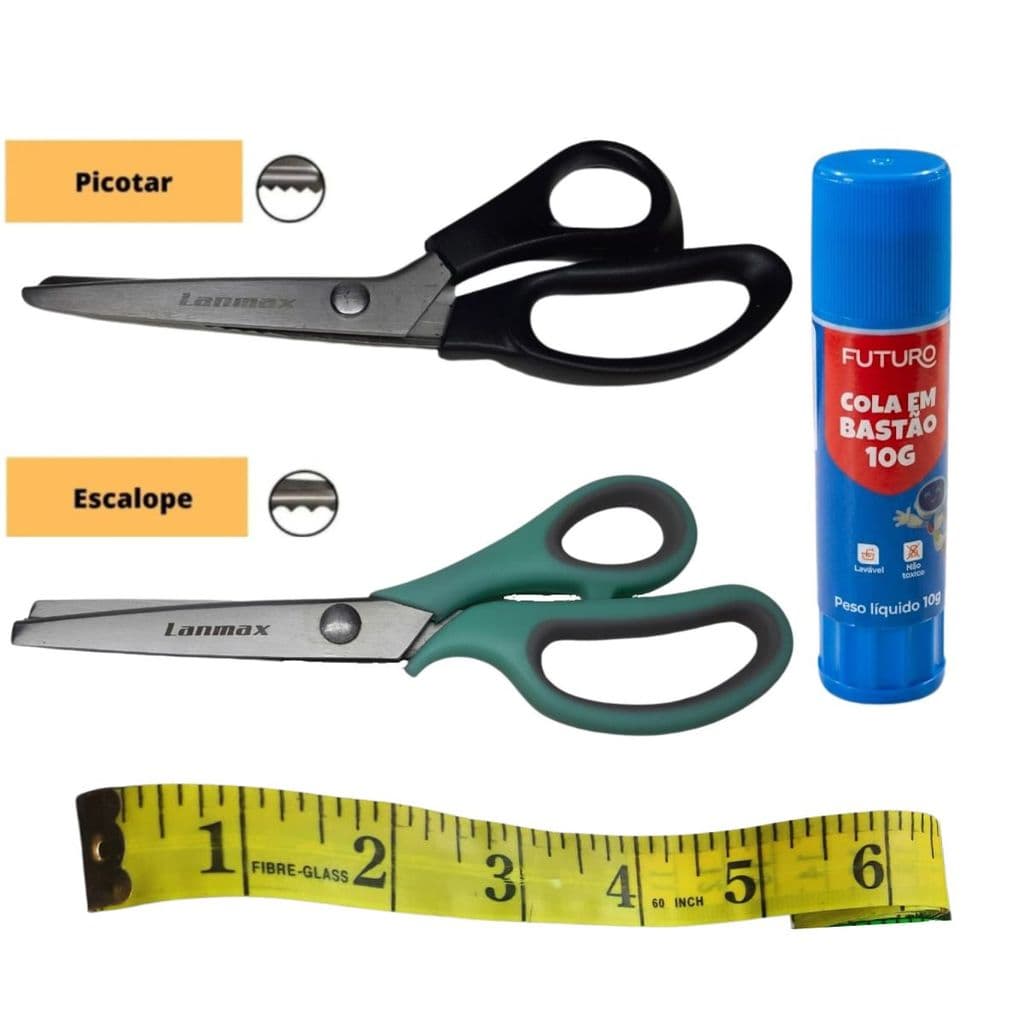 Kit Tesoura Picotar Zig Zag e Escalope + Cola Bastão 10g + Fita Métrica  Costura Criativa Artesanato