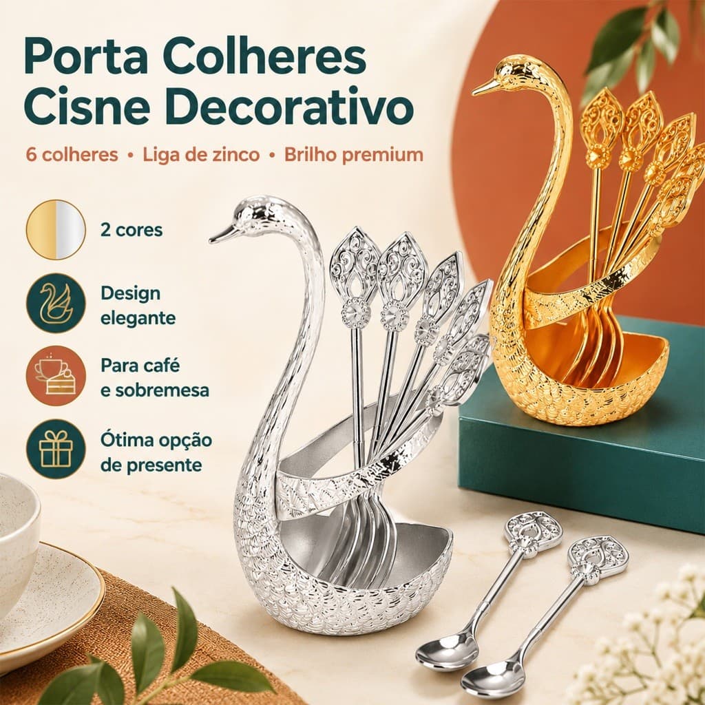Kit Jogo De Colheres De Sobremesa Café Chá Com Suporte Cisne Luxo Metal
