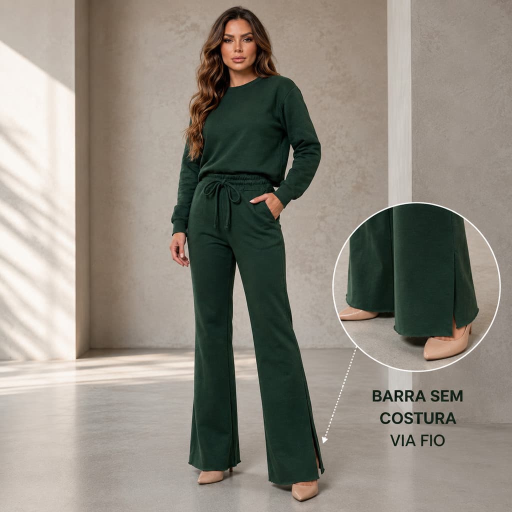 Conjunto De Moletom Feminino Calça Pantalona Com Barra Sem Costura e Blusa Básica