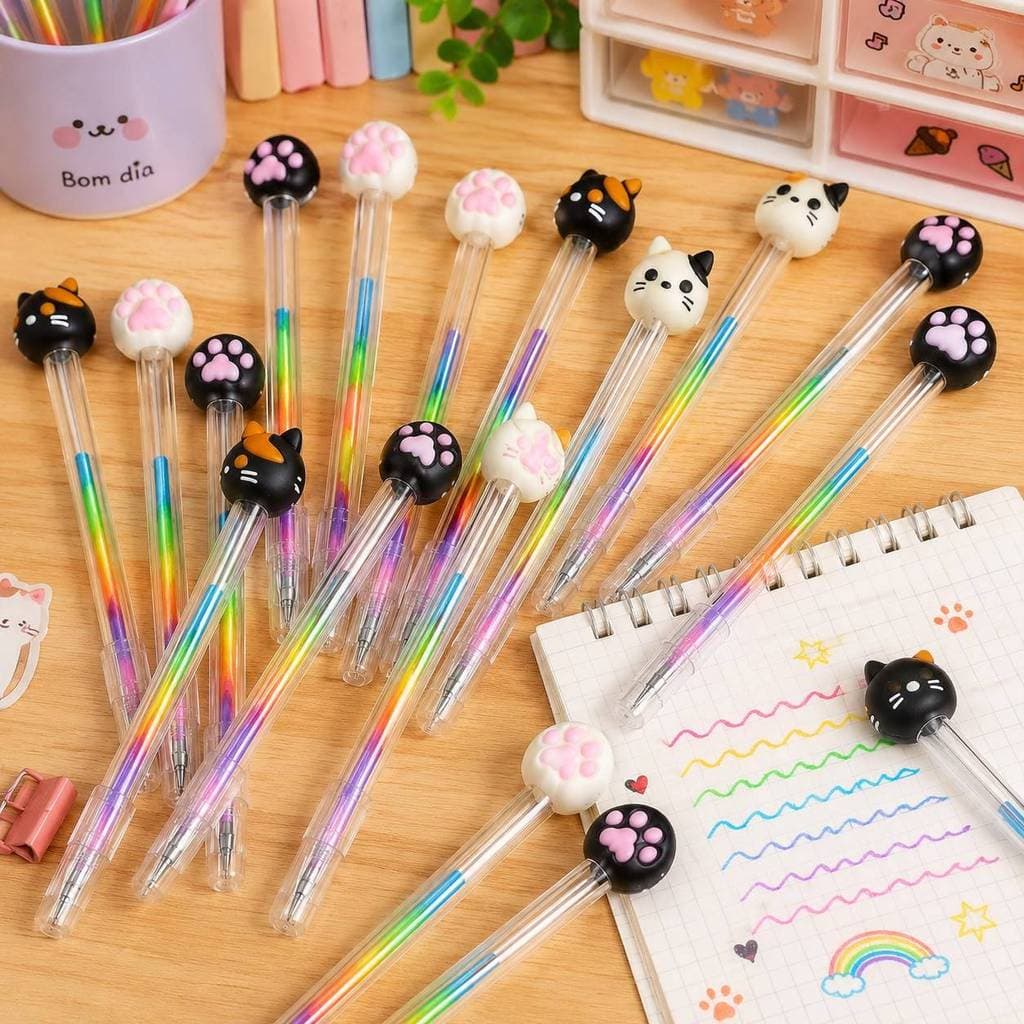 Caneta em Gel Gatinho Colorida Degradê Papelaria Fofa Kit 3 6 12