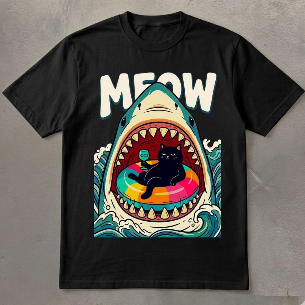 Camiseta Gato De Ferias Com Tubarao Estressado Meme  Regular Plus size Oversized