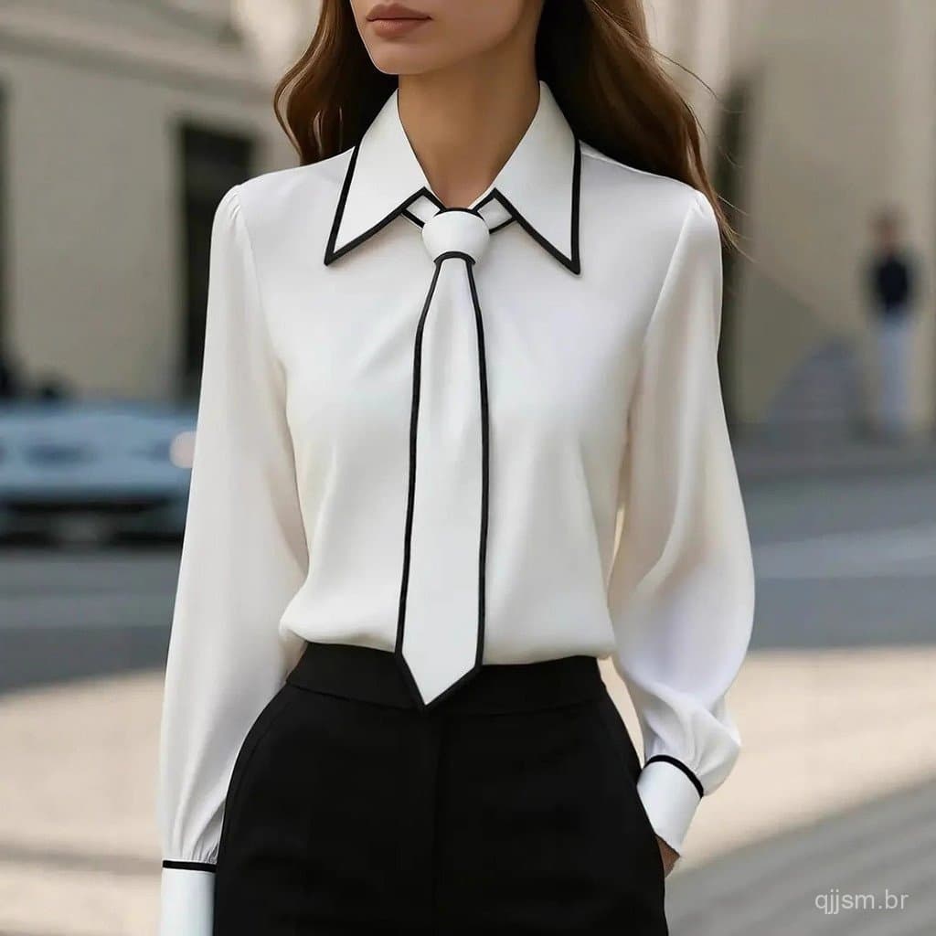 Blusa Feminina Elegante para Trabalho, Camisa Formal com Laço, Manga Longa, Detalhes Contrastantes, Corte Slim