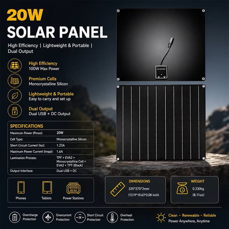 Painel Solar flexível portátil, cristal único, saída USB e DC dupla, adequado para Camping, RV e baterias de 12V