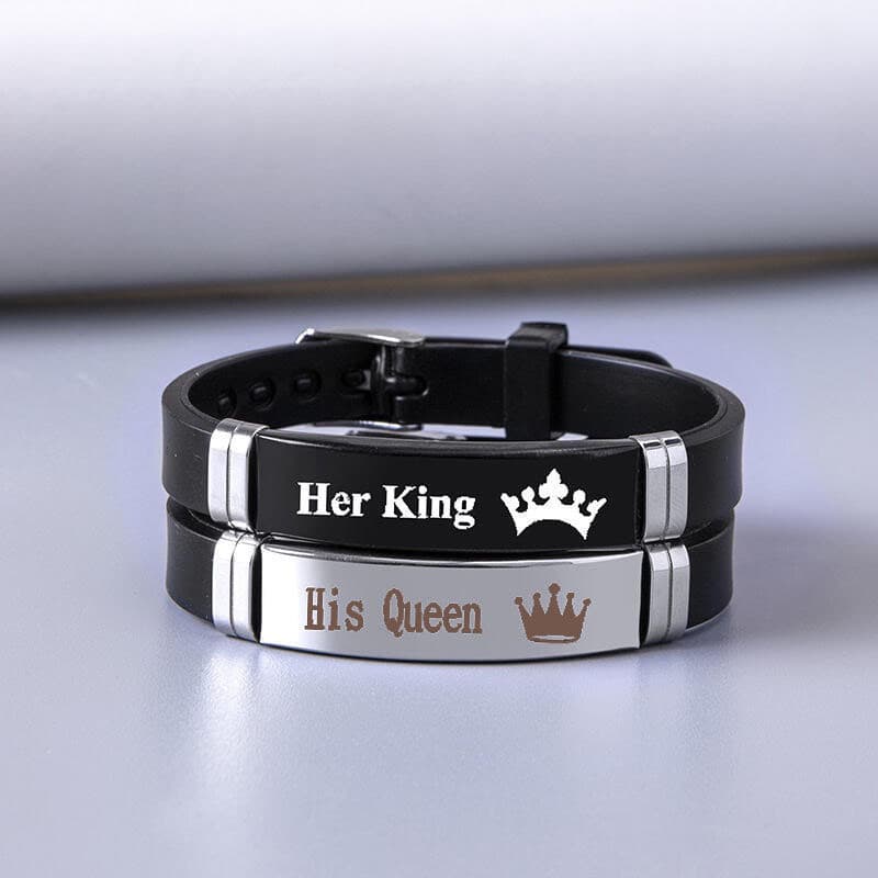Pulseira de casal em aço inoxidável de 2 peças, com logotipo de coroa de rei, ajustável, presente unissex 7CQV 9EXX