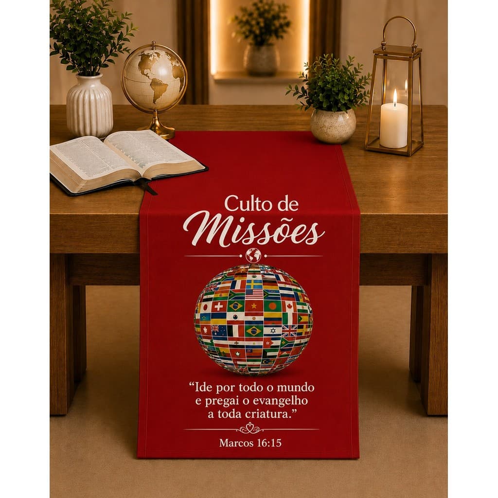 Caminho de  Mesa CULTO DE MISSÕES Tecido Sublimado Festa Religiosa 1,60x0,60 igreja fé trilho