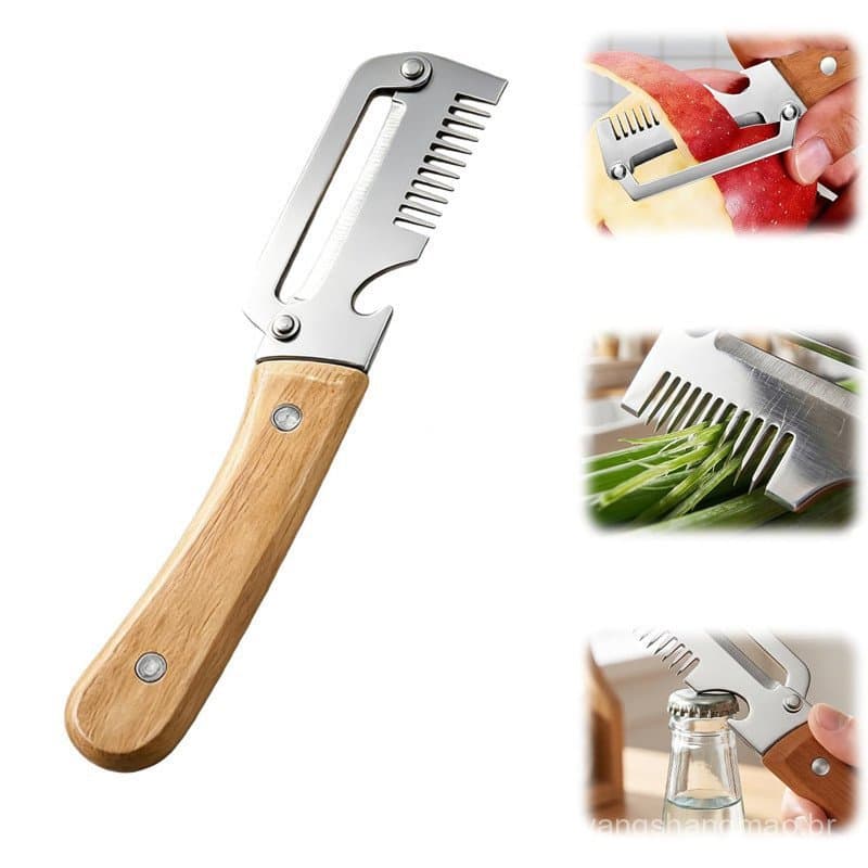 2 Units Vegetable Peeler with Wooden Handle, Wide Stainless Steel Blade, 3-in-1 with Grater and Opener, Kitchen