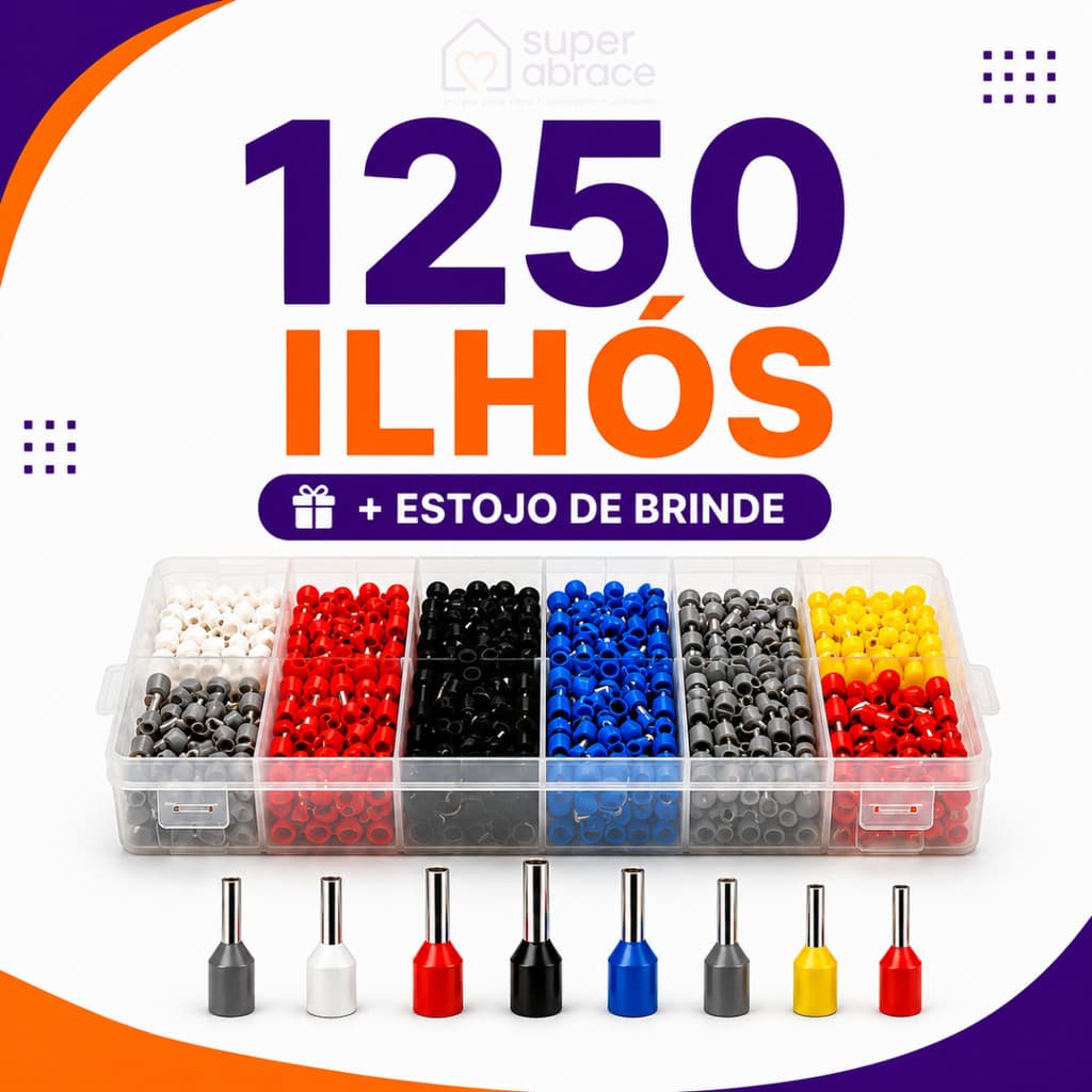 Kit Maleta 1250 Terminais Elétricos Ilhós Tubular 0,5mm a 10mm Conector Fio Cobre Isolado Tomada Conexão Elétrica