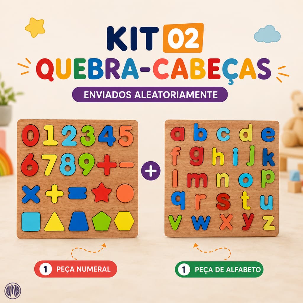 Kit 2 Quebra Cabeça Madeira 3D Letras Formas Números Brinquedo Educativo Pedagógico