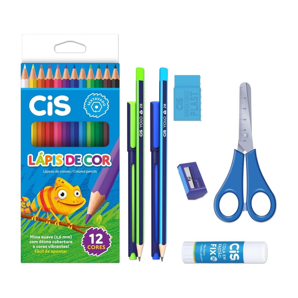 Kit Escolar 9 Peças  Com Canetas lápis  e Acessorios Azul CIS Yolo