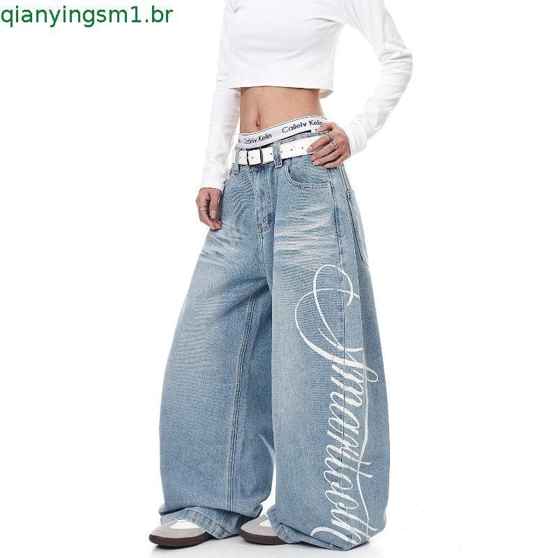 Calças jeans folgadas com estampa de letras em estilo retrô americano |     Calças Unissex de Perna Larga para Outono e