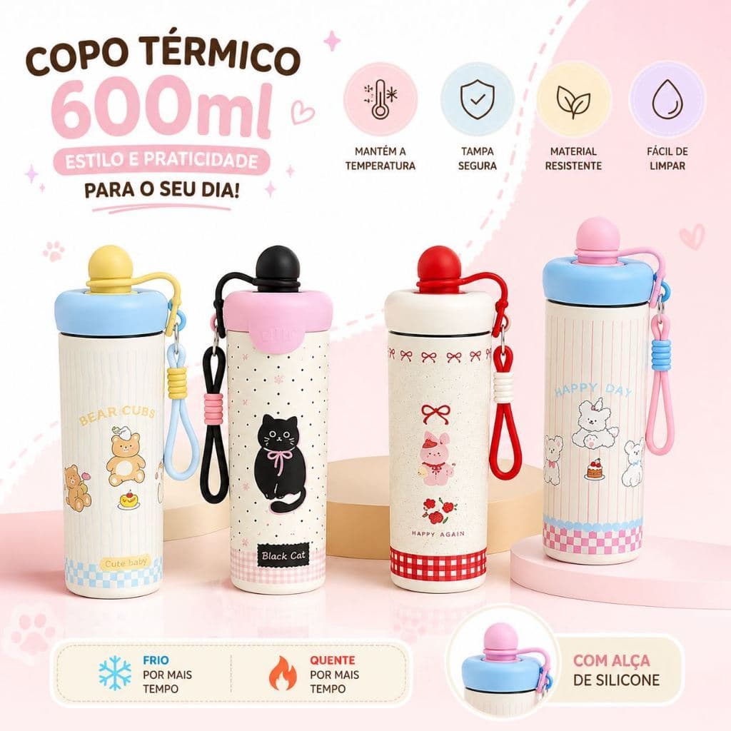 Copo Térmico Infantil 600ml com Canudo e Alça Removível | Garrafa Térmica Fofa Antivazamento