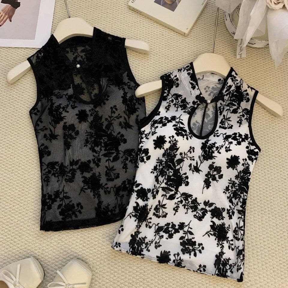 Novo estilo chinês abotoado malha sem mangas colete feminino reunindo Floral oco gola superior fino-ajuste mais magro ol