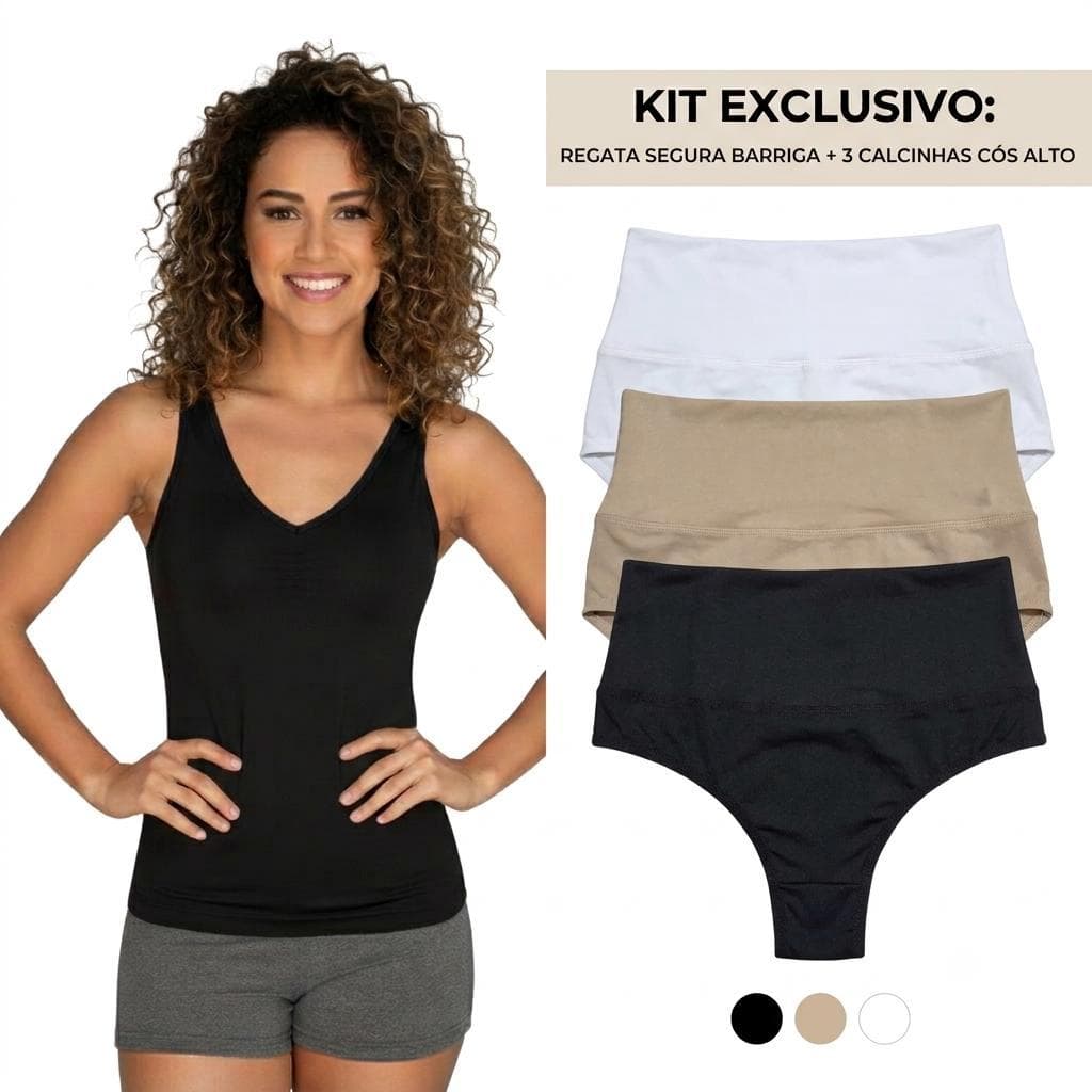 KIT SEGURA BARRIGA 1 CAMISETA APERTA BARRIGA E 3 CALCINHAS CÓS DUPLO E ALTO