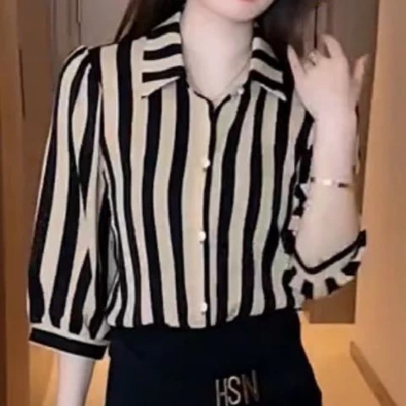 Camisa Listrada Feminina Casual, Blusa de Manga 3/4, Estilo Coreano, Solta, para Escritório 3841