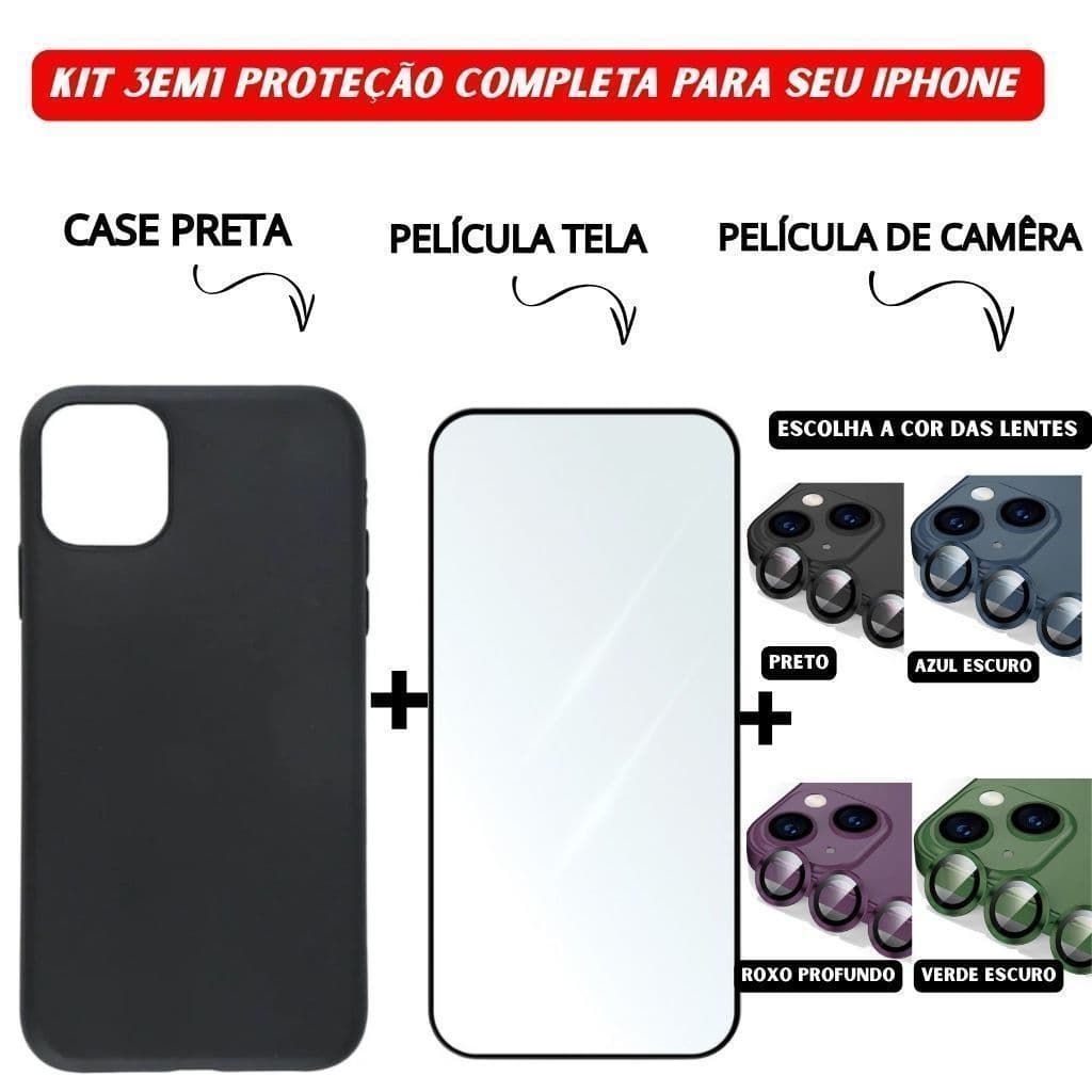 Kit 3em1 Case Preta + Película de Vidro Temperado 3D + Película Câmera Colorida Para iPhone 11 12 13 14 15 16 Pro Max