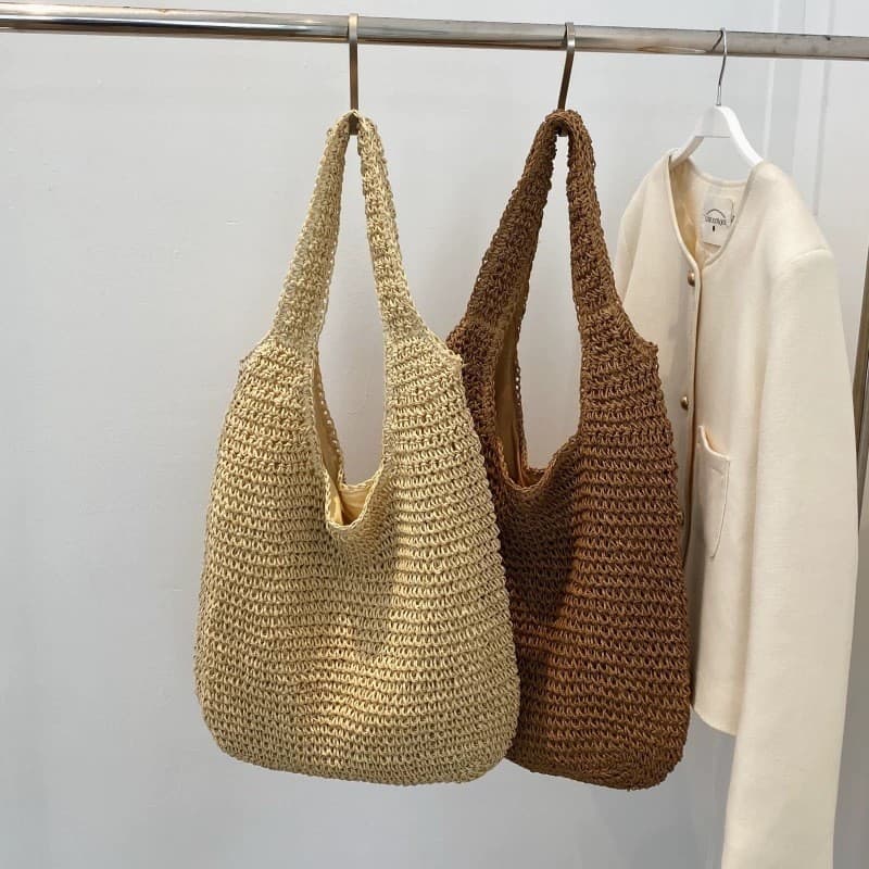 Praia férias estilo bolsa de palha 2026 novo estilo bolsa de ombro verão palha sacola grande capacidade portátil tecido