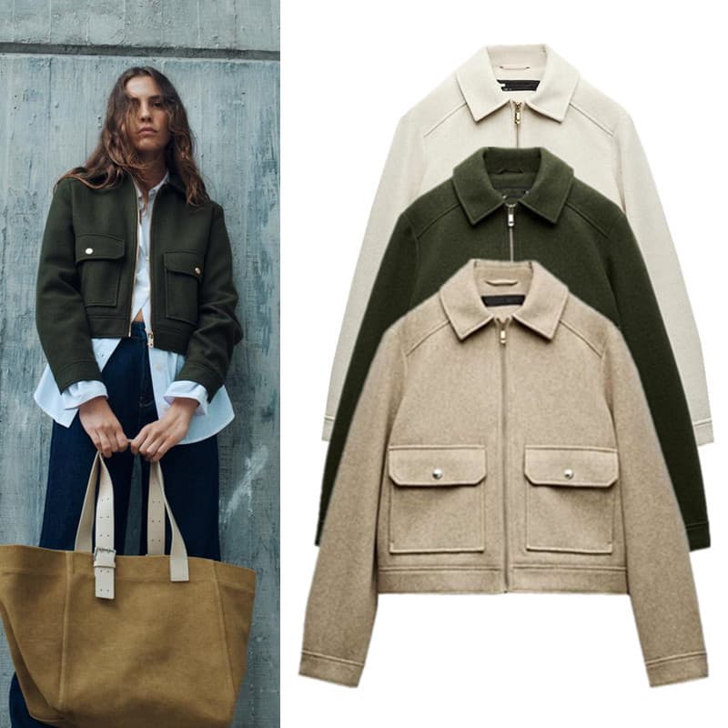 Mulheres Recortadas Gola Virada Para Baixo Zip Jaqueta Aba Bolso Casual Sólido Outono Diário Outerwear 3 Cores Disponíve
