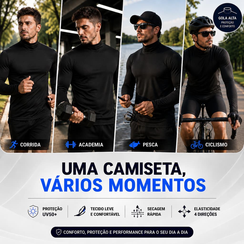 Camisa Térmica Masculina Gola Alta Corrida Ciclismo UV50+ Manga Longa Segunda Pele Dry Fit Academia