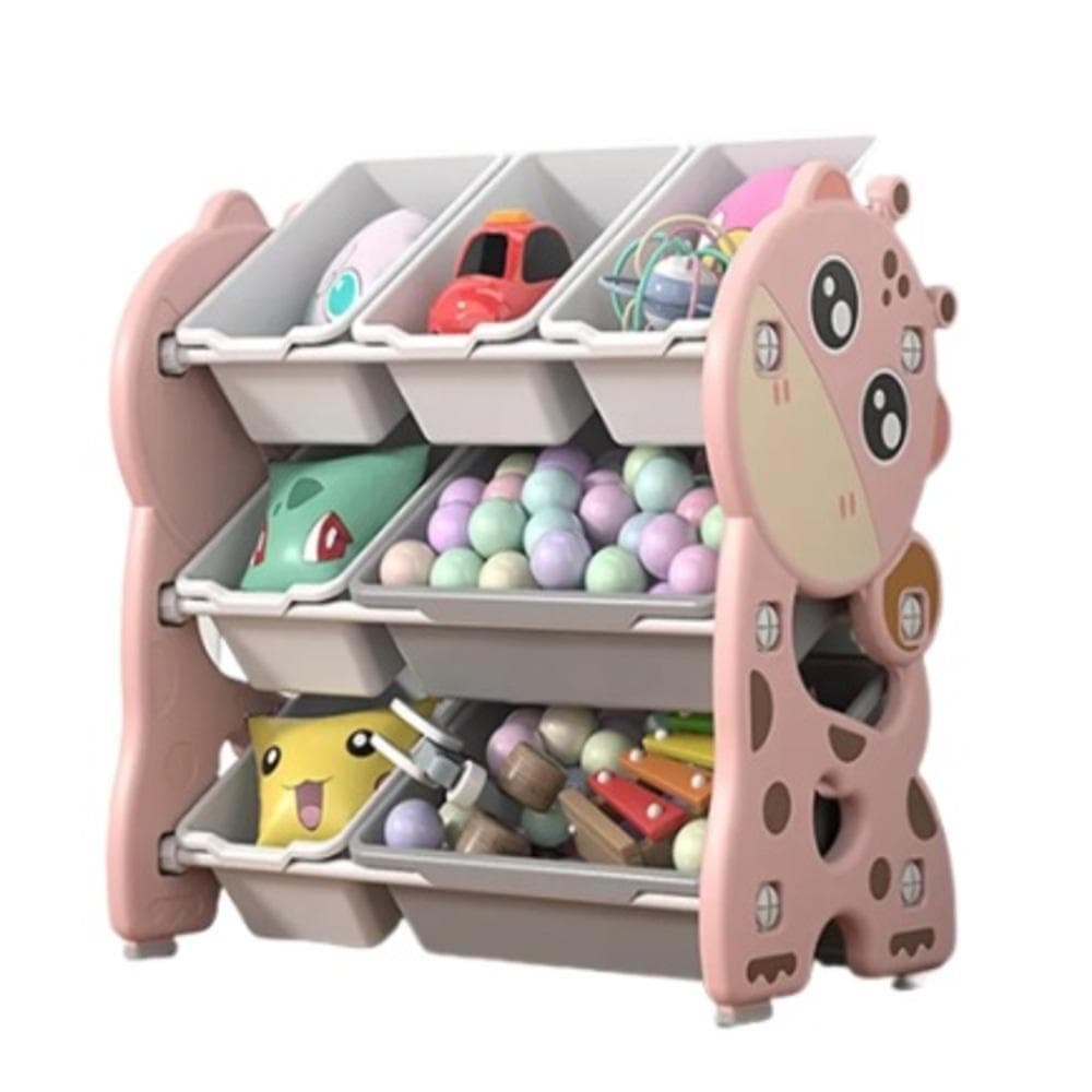 ESTANTE CAIXA ORGANIZADOR DE BRINQUEDOS BAU 3 PRATELEIRAS PORTA TRECO MULTIUSO BEBE ROSA GIRAFINHA