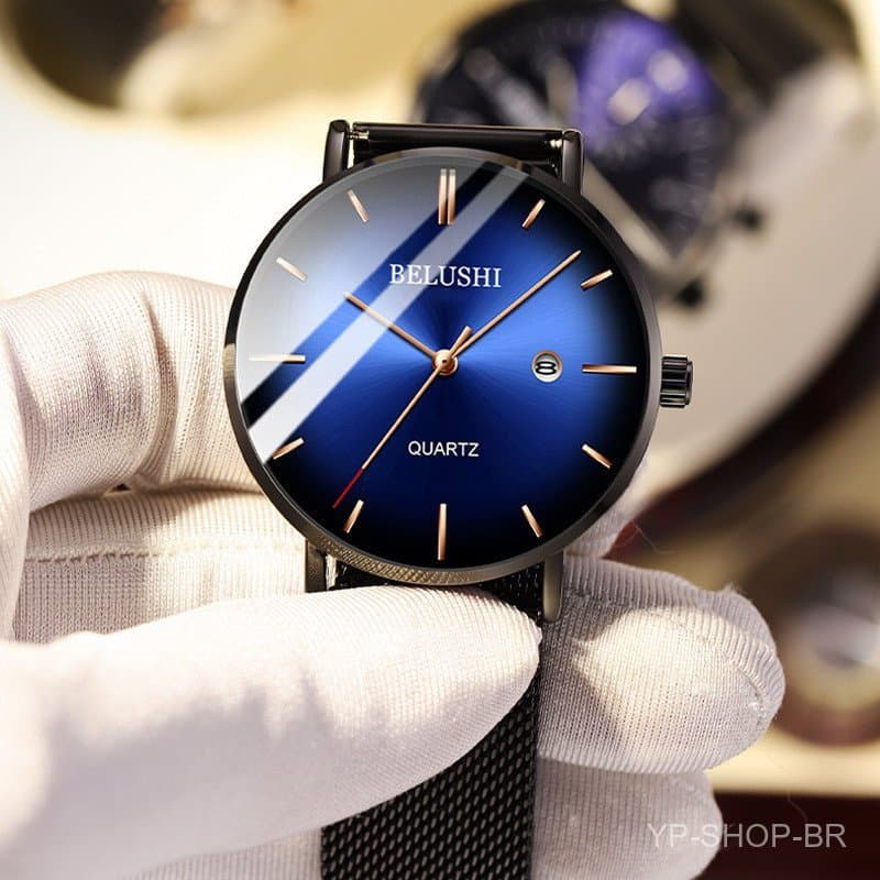 Relógio masculino BELUSHI azul claro ultra-fino à prova d'água com calendário, relógio de pulso de moda com movimento de
