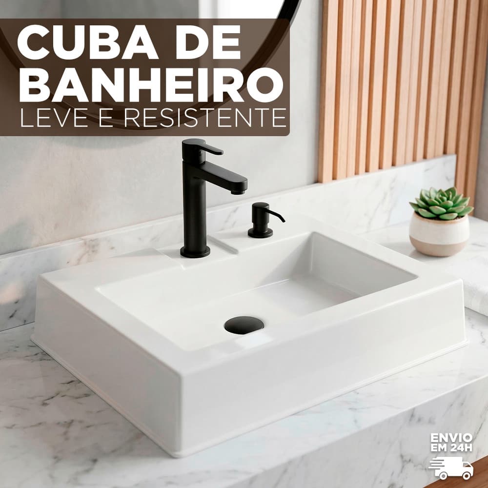Cuba Para Banheiro de Sobrepor 45cm Apoio Retangular Lavabo Leve Resistente Branco Preto