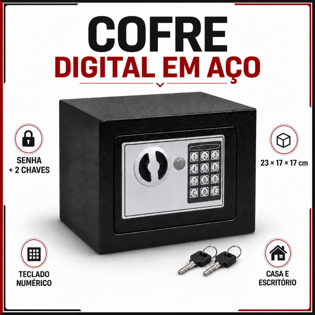 Cofre Digital Eletrônico em Aço com Senha e 2 Chaves 23x17x17cm para Casa e Escritório