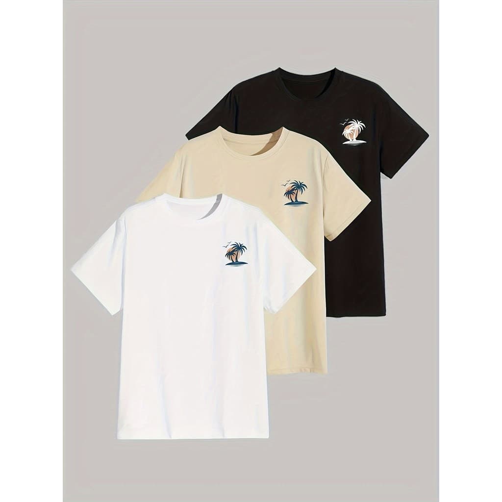 Conjunto de 3 Camisetas com Estampa de Coqueiro, Camisetas para Homens, Camiseta Casual de Manga Curta para o Verão