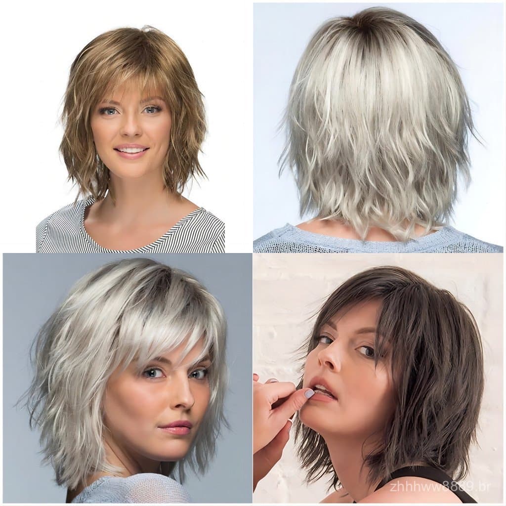 Cabelo curto feminino da moda, novo estilo europeu e americano com franja lateral, cabelo curto e liso, peruca completa,