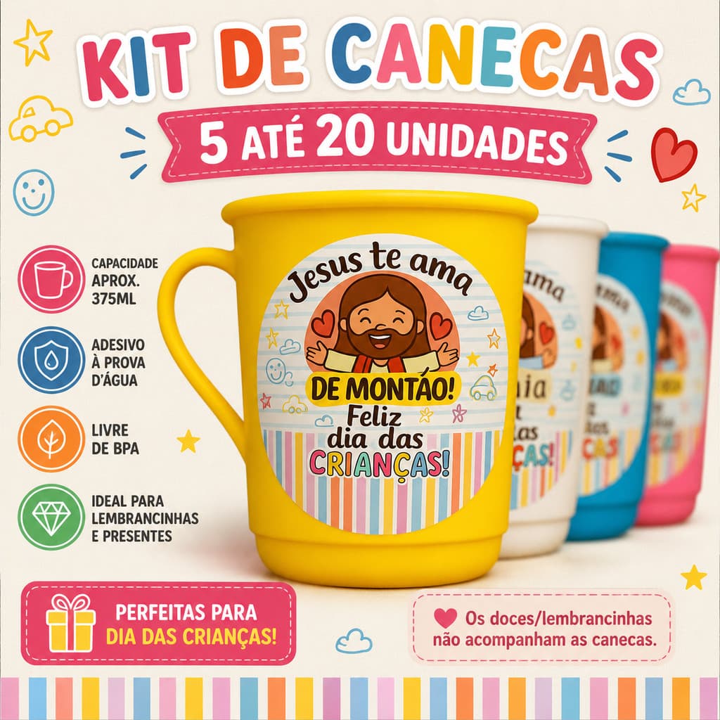 Lembrancinha dia das crianças kit 5 a 20 canecas 375 ml personalizadas jesus ama presente igreja escola creche