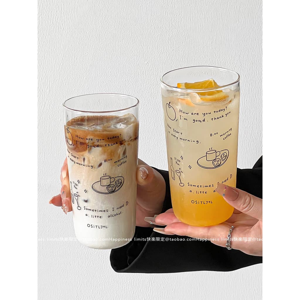 Copo de Vidro Transparente com Estilo Coreano e Grafite, para Sucos e Cafés, Presente Perfeito para Amigas