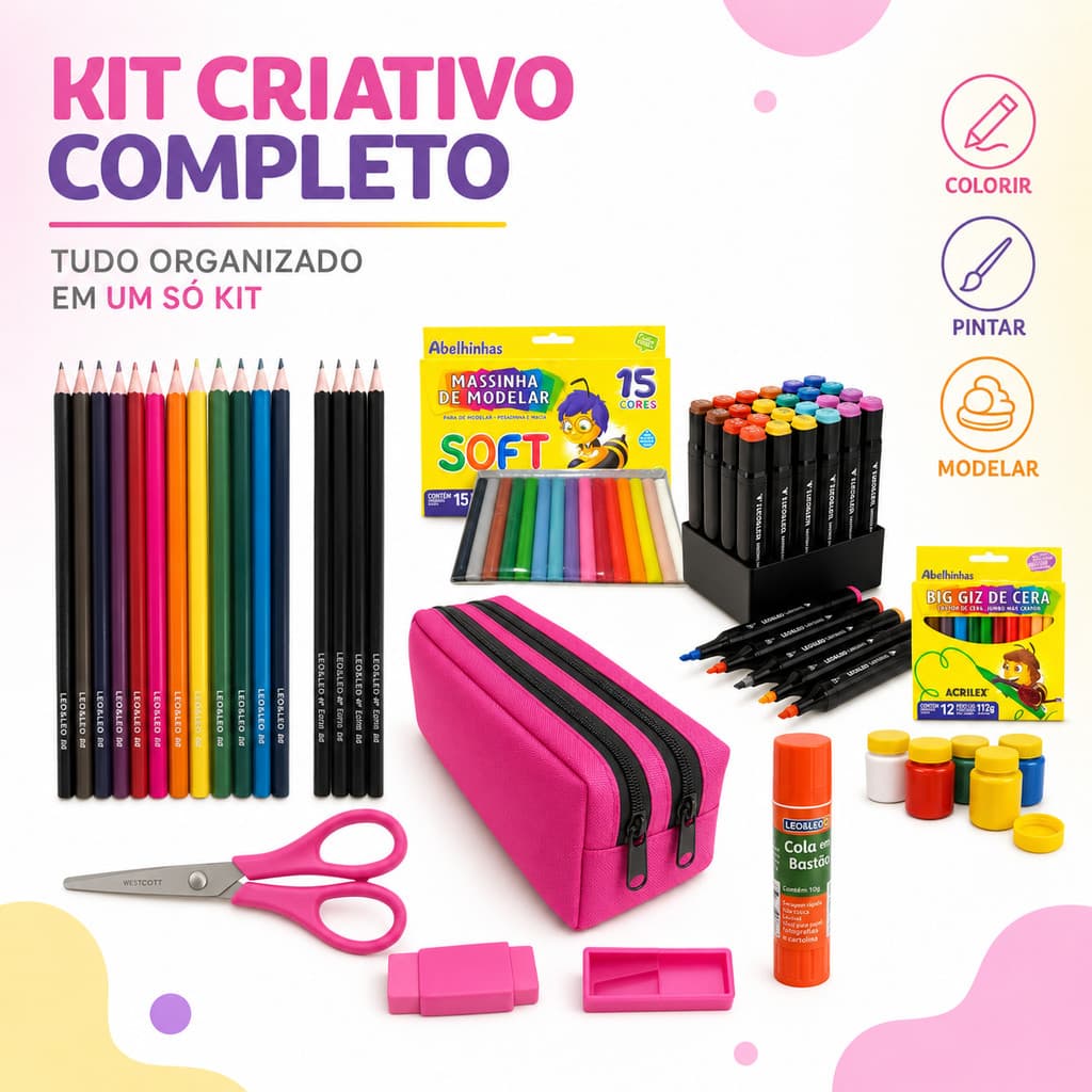 Kit Material Escolar Completo Com Tintas Lápis Estojo Borracha Apontador Canetinhas