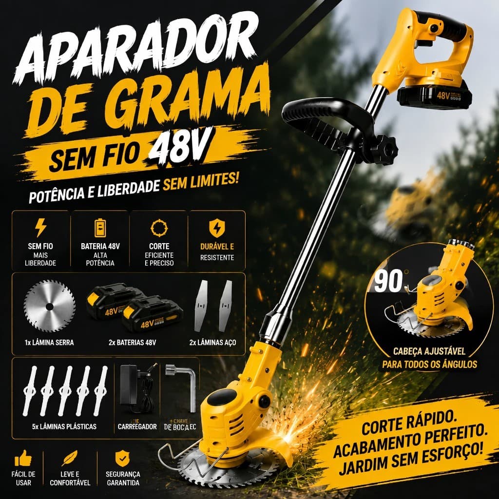 Cortador de grama elétrico sem fio de 48V, 2 baterias, lâminas substituíveis e função de ajuste de comprimento