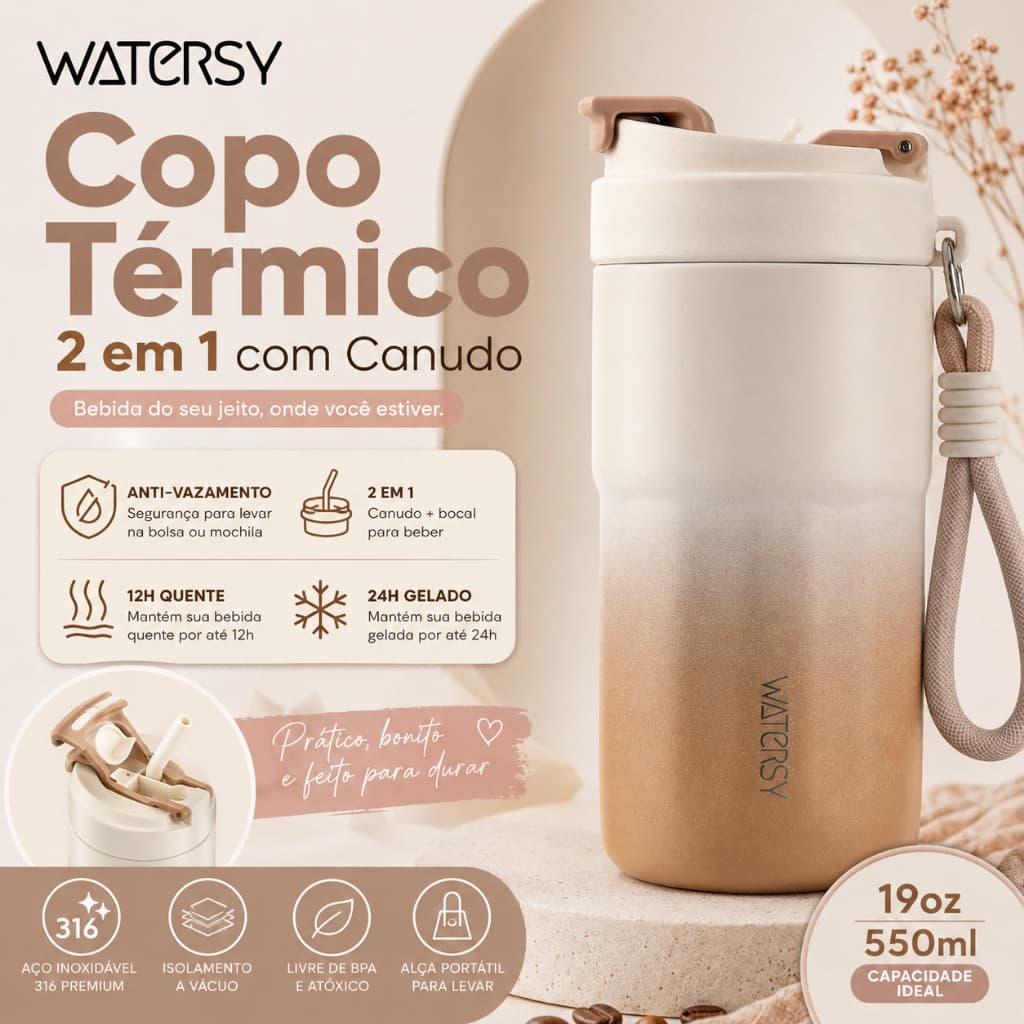 Watersy Copo Térmico 400ml 550ml 2 em 1 com Canudo Inox 316 Antivazamento Portátil para Café Água