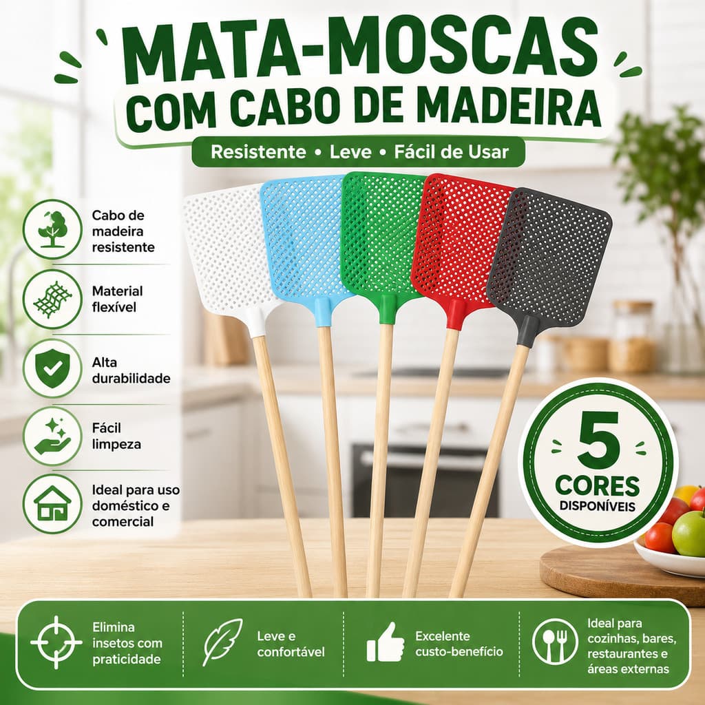Kit Mata Mosca 3 Unidades Manual Grande com Cabo de Madeira Prático P/ Inseto Mosquito