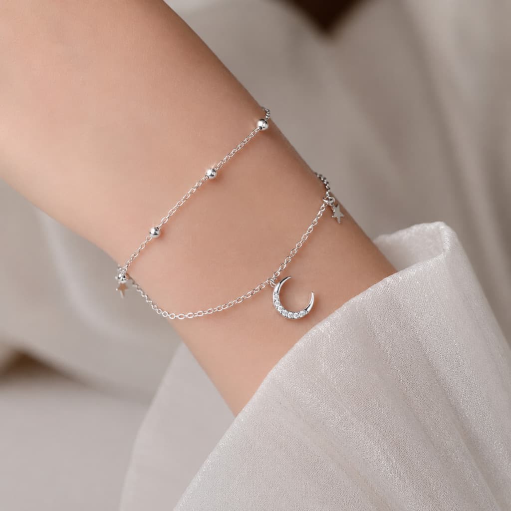 Pulseira Dupla Estrelas Lua Feminina Delicada Celestial Aesthetic Presente