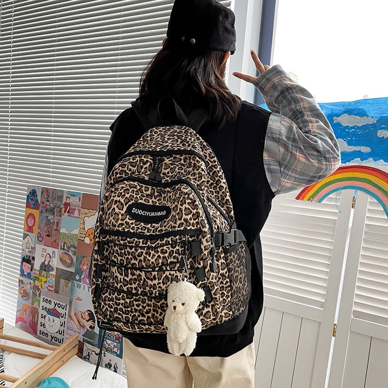 Mochila de estudante com estampa de leopardo retrô no estilo Harajuku japonês, versão coreana, mochila feminina versátil