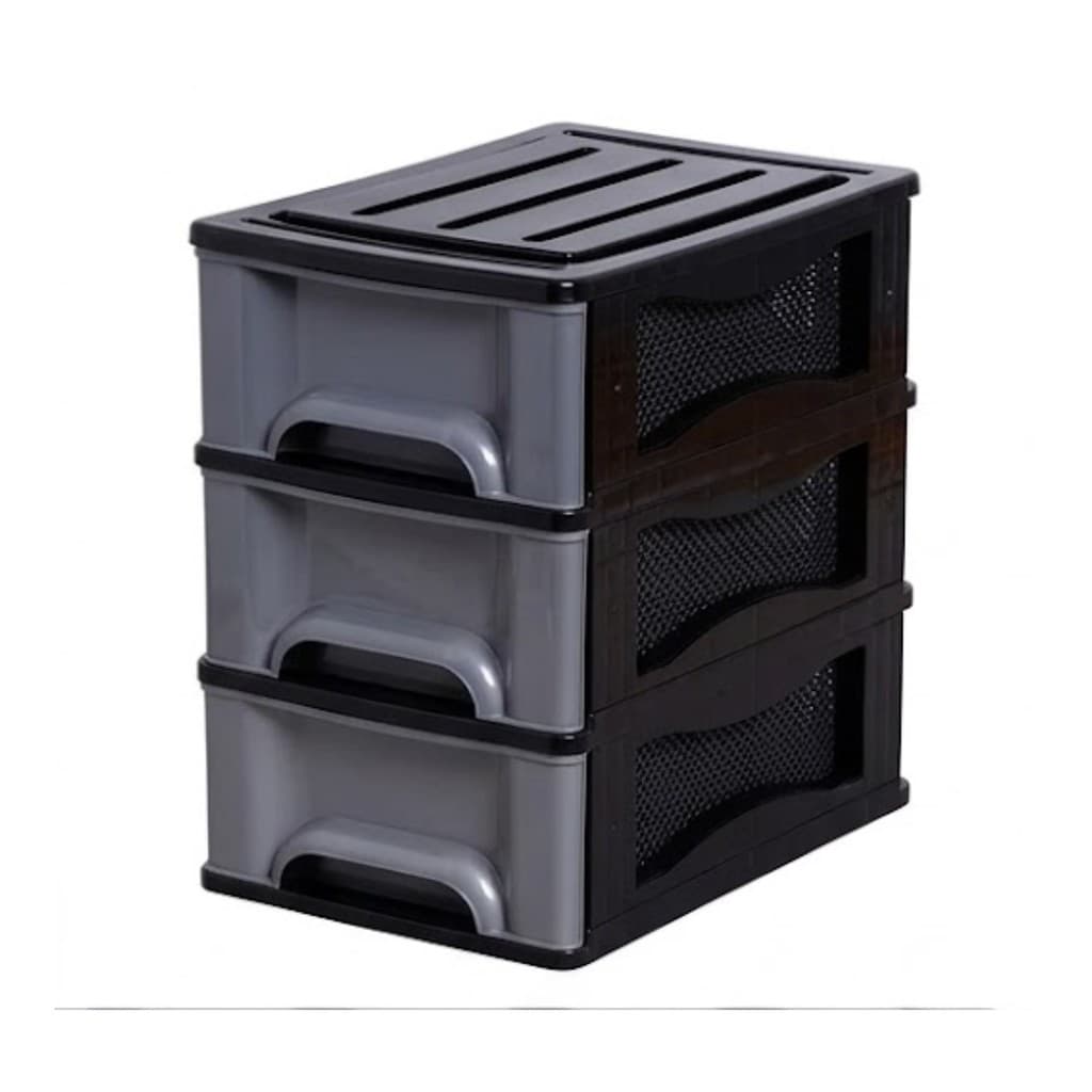 Gaveteiro De Plástico 3 Gavetas Encaixáveis Preto E Cinza Preto