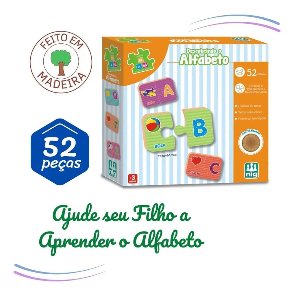 Jogo Pedagógico Madeira 52 Peças Nig Brinquedos Alfabetização Infantil