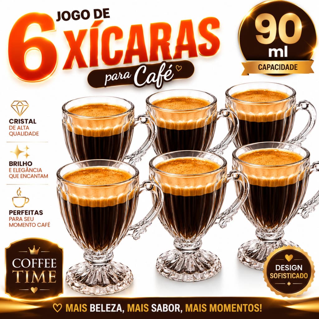 Jogo de 6 Xicaras De Vidro Em Cristal Para Café Chá Cappuccino De Alta Qualidade Resistente 90ml
