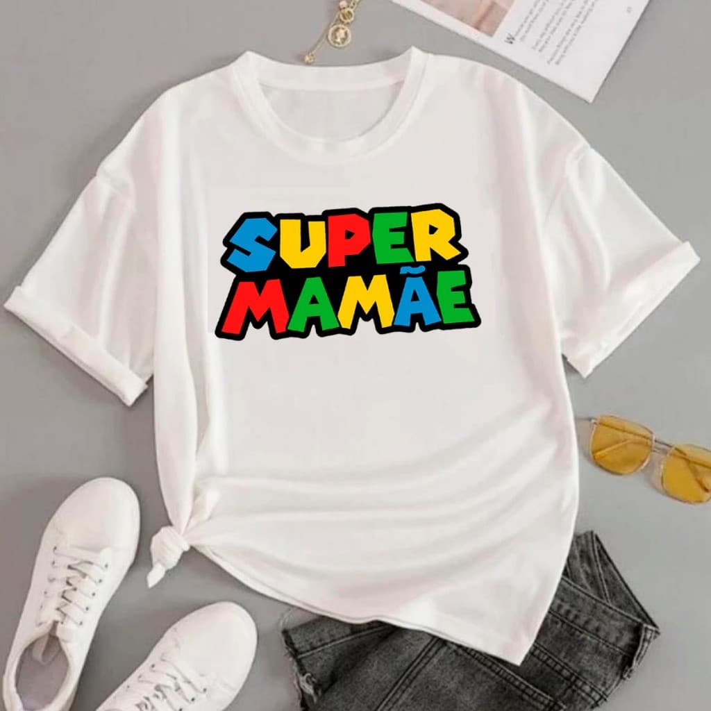 camisa feminina T-Shirt Roupa Algodão Casual Super Mamãe Old Game Mario Escrita