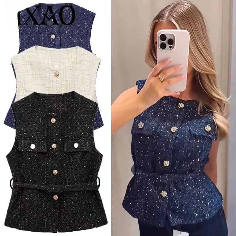 Colete Feminino Verão 2026 Azul Off White Preto Texturizado Mulher Botão Sem Mangas