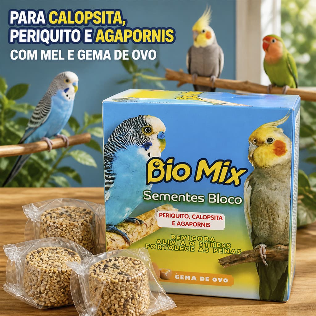 Sementes em Bloco Bio Mix para Aves Calopsita Periquito e Agapornis Caixa com 20 Unidades e Gema de Ovo